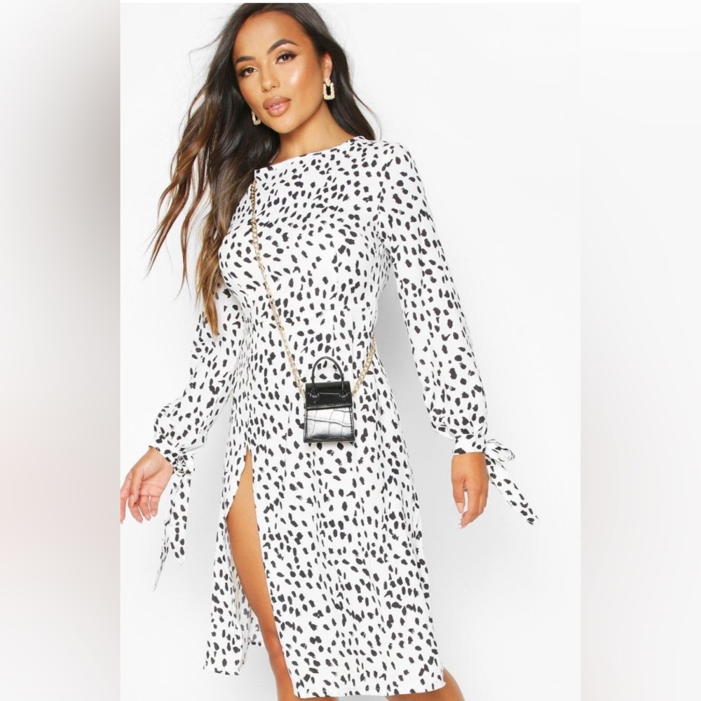 Boohoo Petite Black Printed Midi Slit Dress US Size 6